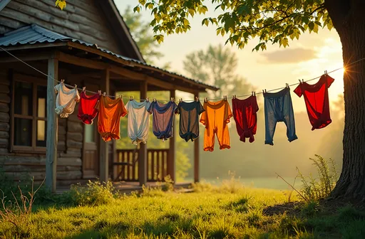 Prompt: vintage clothesline, warm morning sunshine, 1890s style, rustic cabin, vibrant shirts, colorful pantaloons, fluffy towels dancing in the breeze, lush green tree beside the cabin, serene outdoor setting, nostalgic atmosphere, inviting and cozy vibe, soft shadows cast by sunlight, ultra-detailed, high-quality image.