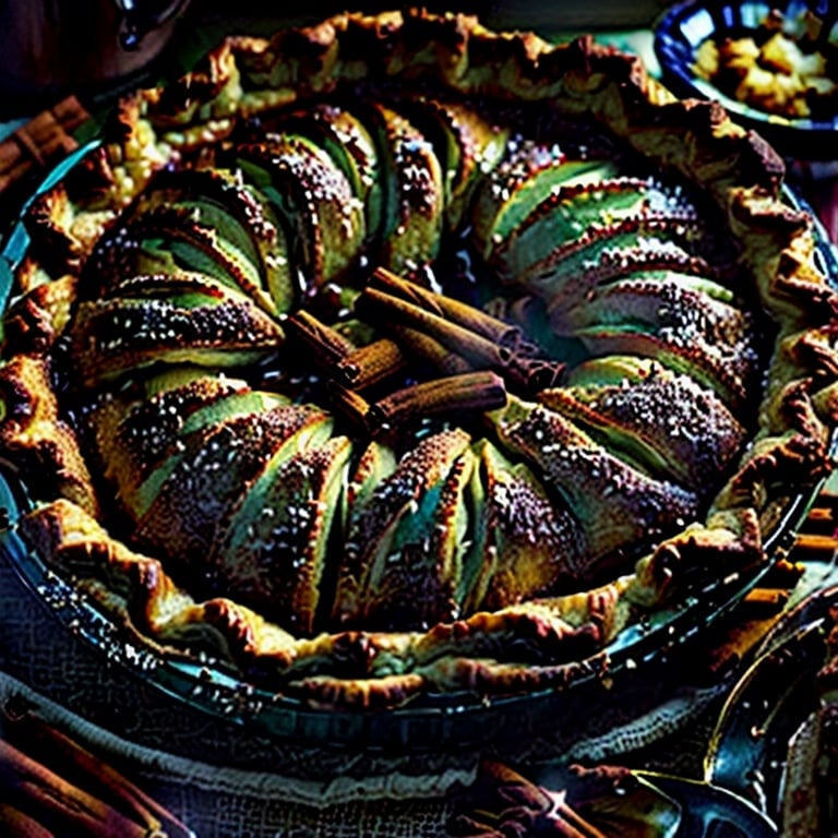 Prompt: Freshly baked apple pie with flaky crust, cinnamon and nutmeg, spicy filling oozing through, warm and inviting, realistic, detailed pastry texture, delicious aroma, food illustration, close-up, cozy lighting, high quality, traditional, inviting scent, rich colors, appetizing, brightly lit photorealistic