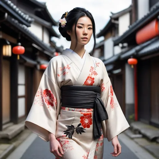 Prompt: Tall young woman walking down the high street, detailed clothing, realistic, natural lighting, photorealistic, Japanese flower design on her kimono. Black hair in traditional Japanese style. 