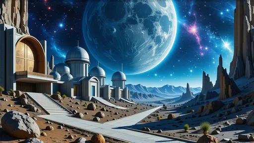 Prompt: (celestial image of Endzone, an unusual planet), vibrant colors, surreal landscapes, exotic flora and fauna, detailed textures, (futuristic architecture) of the General Science Observatory, Lunar University setting, star-filled sky, otherworldly atmosphere, (highly detailed) features, cinematic lighting, cosmic backdrop, (high quality, ultra-detailed) environment, imaginative alien scenery.