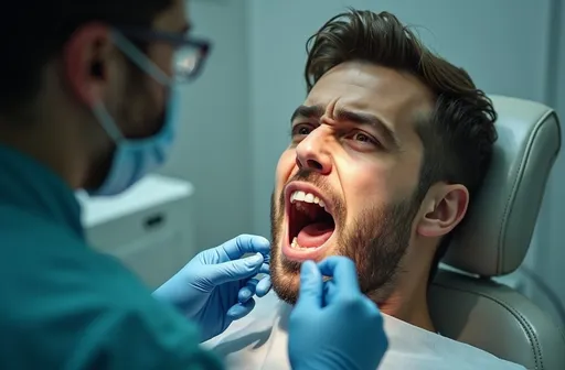 Prompt: (nervous man in dentist's chair), bright overhead light illuminating his open mouth, single tooth with old silver filling, dentist in protective mask, preparing new white filling, tense atmosphere, uneasy expression, gripping armrests tightly, (clinical setting) with antiseptic scent, stark white walls, (highly detailed, photorealistic) representation, vivid contrasts, cinematic lighting, anxiety palpable in the air, (4K texture).