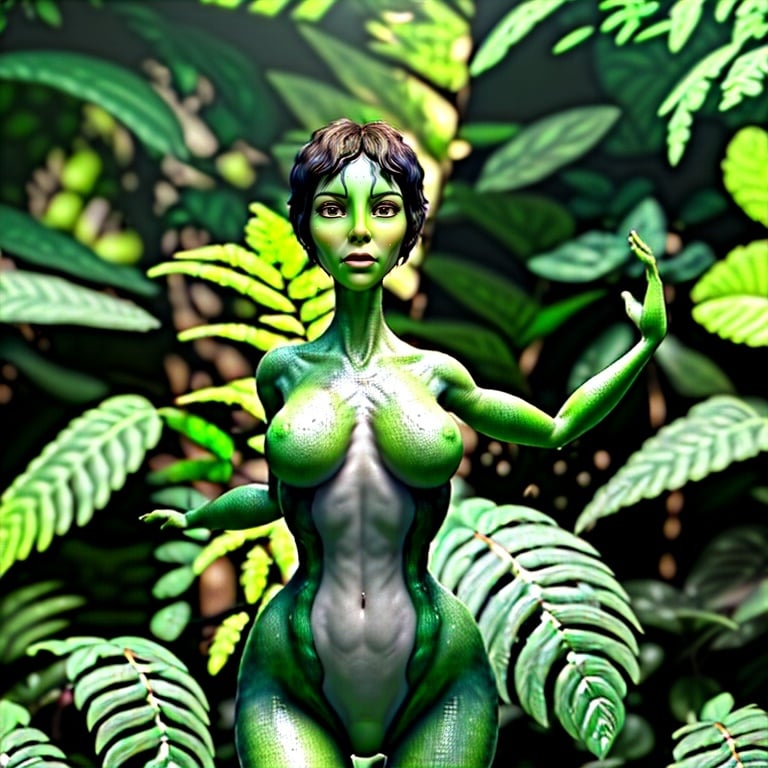 Prompt: A mature alien adult woman standing in a warmly lit clearing of a lush, fantastical forest planet. Her light green skin glows softly under the detailed foliage of giant ferns. She has medium short hair, and her arms are wide open, extremely detailed 8K wallpaper, realistic and dynamic, capturing the spirit of unity with nature. science fiction 