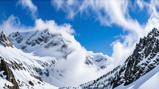 Prompt: Mountain sky slope, (vivid blue) sky, (fluffy white) clouds, breathtaking avalanche of snow cascading down, (majestic mountains) in the background, (dynamic movement) of snow, (dramatic lighting) illuminating the scene, (ultra-detailed) landscape, capturing the exhilarating beauty and the raw power of nature, (serene atmosphere) with an awe-inspiring view.