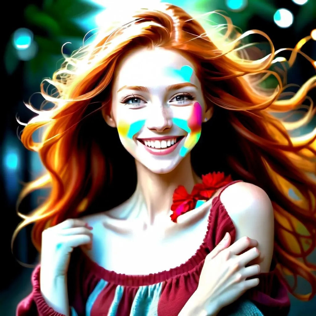 Prompt: Her laughter was like music, a sweet melody that danced on the breeze and lifted the spirits of all who heard it. Her smile could light up even the darkest of nights, filling the world with warmth and joy. And her heart, so full of love and kindness, overflowed with a generosity that knew no bounds. Photorealistic, Full body, Caucasian woman, slender, ginger_hair. 