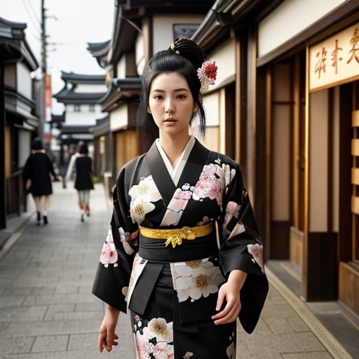 Prompt: Tall young woman walking down the high street, detailed clothing, realistic, natural lighting, photorealistic, Japanese flower design on her kimono. Black hair in traditional Japanese style. 