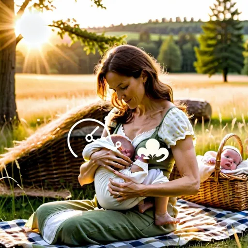 Prompt: a woman holding a baby in her arms nursing her. They are at a picnic in a field of grass and trees at sunset with the sun shining on her.