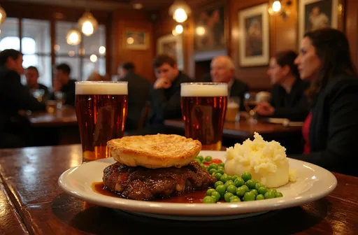 Prompt: A cozy evening in an authentic English pub, adorned with dark wood paneling and dimly lit by hanging brass lamps. A hearty steak and kidney pie takes center stage, its golden crust glistening with juices, flanked by creamy mashed potatoes and buttery peas. Savor the aroma of rich gravy and tender meat, as patrons enjoy their pints in this classic British scene.