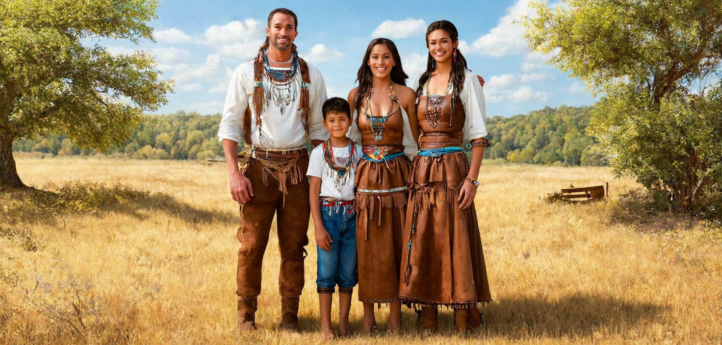 Prompt: (photorealistic) A Shawnee woman in traditional dress, (buckskin leather) standing proudly with her family, warm smiles radiating love and togetherness. Her husband and children stand close, (expressive poses) weaving a connection. The backdrop showcases a serene, natural landscape, enhancing the atmosphere of cultural richness and unity, (vivid colors) capturing every detail in high definition, ultra-detailed.