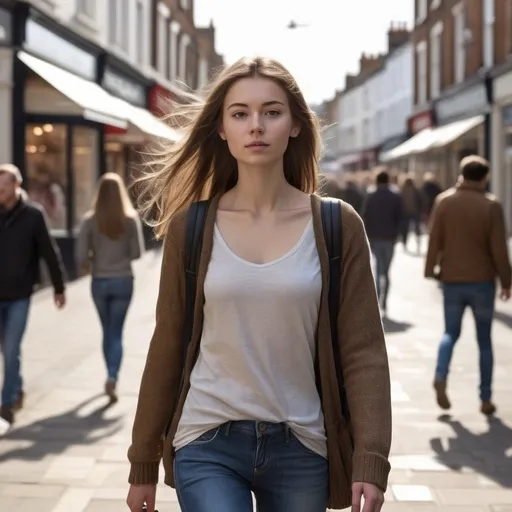 Prompt: Tall young woman walking down the high street, detailed clothing, realistic, natural lighting