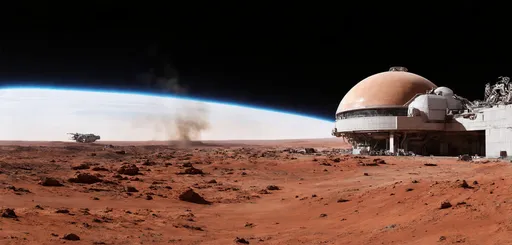 Prompt: (3D panorama of Mars Base One), futuristic architecture, (main administration building) beneath the (rightmost pressure dome), (landing field) on the left side, maintenance hangar situated between the field and the dome, vibrant Martian landscape, reddish-brown terrain with rocky formations, smoke plume from distant machinery, (high-quality atmospheric lighting), sci-fi ambience, ultra-detailed, immersive, engaging scene.