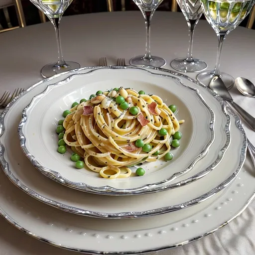 Prompt: (ultra-detailed) Pasta carbonara, rich creamy white sauce, generous crispy bacon pieces, vibrant green peas, elegantly served on fine china plate, formal silver place setting, crystal wine glass, fine white wine, luxurious dining table ambiance, soft warm lighting, inviting and sophisticated atmosphere, gastronomic masterpiece, HD quality, exquisite culinary presentation,romantic setting.