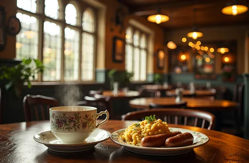 Prompt: A charming English pub bathed in a warm, golden glow, where soft sunlight filters through rustic windows, casting gentle patterns onto the polished wooden table. At the center, a delicate fine bone china teacup with intricate floral patterns rests elegantly, steam rising gracefully from its rim. Nearby, a hearty plate of bangers and mash sits invitingly, the creamy mashed potatoes contrasting with the rich brown of the sausages, all adorned with a drizzle of savory gravy. The pub's cozy ambiance is enhanced by wooden beams overhead and the faint sounds of laughter echoing in the background. This scene is captured in an ads-retail style, emphasizing the inviting warmth and comfort of traditional British fare.
