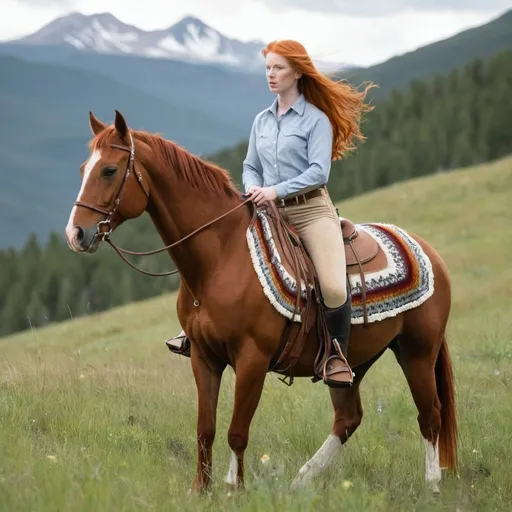 Prompt: A beautiful ginger redhead riding her horse through a mountain medow with only a saddle blanket and hackamore bridle