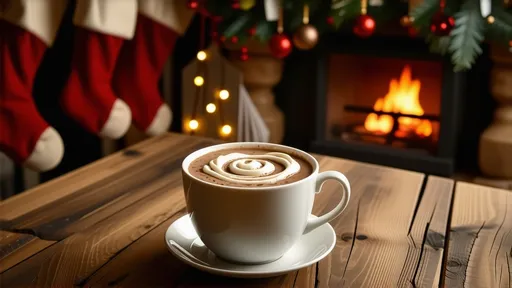 Prompt: (cozy nook), wooden table, steaming mug of hot cocoa (topped with fluffy whipped cream), freshly baked cinnamon roll (rich and inviting), crackling fireplace (warm ambiance), Christmas stockings hanging from the mantle (holiday spirit), warm lighting, soft textures, festive decorations, ultra-detailed, HD, inviting atmosphere, tranquil Christmas setting.