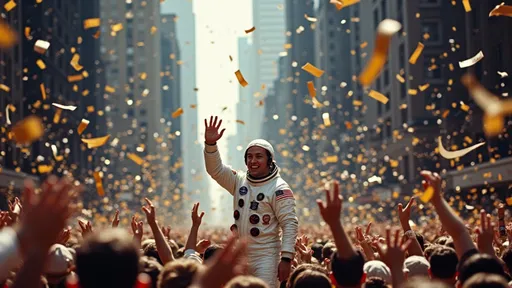 Prompt: A jubilant scene of a vintage ticker tape parade in New York City, celebrating astronaut John Glenn's triumphant return from his history-making orbit around Earth. Amidst towering skyscrapers, crowds of cheering fans wave a blizzard of confetti, while streams of ticker tape flutter down like virtual golden rain. Amidst the sea of excitement, John Glenn waves back, beaming with pride and gratitude, as a symbol of American heroism and space exploration achievement.