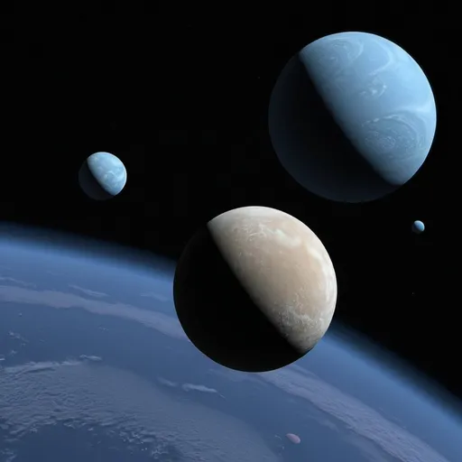 Prompt: A deep space mission to Beta Gama 5 is in orbit around the third planet. The atmosphere is a light blue with clouds much like back on earth. There's two continental shapes in the oceans that cover 80 percent of the surface. The three moons race around the world every week. 