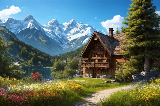 Prompt: Photorealistic Swiss chalet in the Alps, warm color scheme, majestic snow-capped mountain peaks, clear blue sky, vibrant wildflowers lining a serene path to a tranquil lake nestled in the valley, lush tall trees standing proudly in a dense forest, ultra-detailed scenery, enchanting and peaceful ambiance, natural beauty, idyllic landscape, captivating natural art.