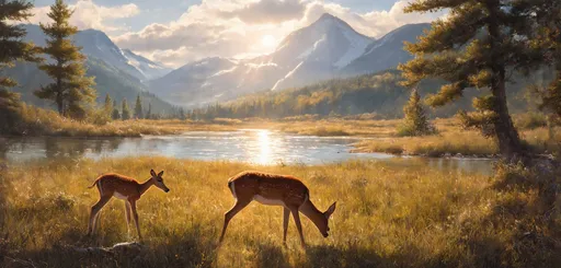 Prompt: A peaceful mountain medow. A Doe is bringing her young fawn to drink from the still water in the lake. A light breeze whispers through the trees. The sun is still just behind the light clouds on the horizon. All is peaceful and quiet.