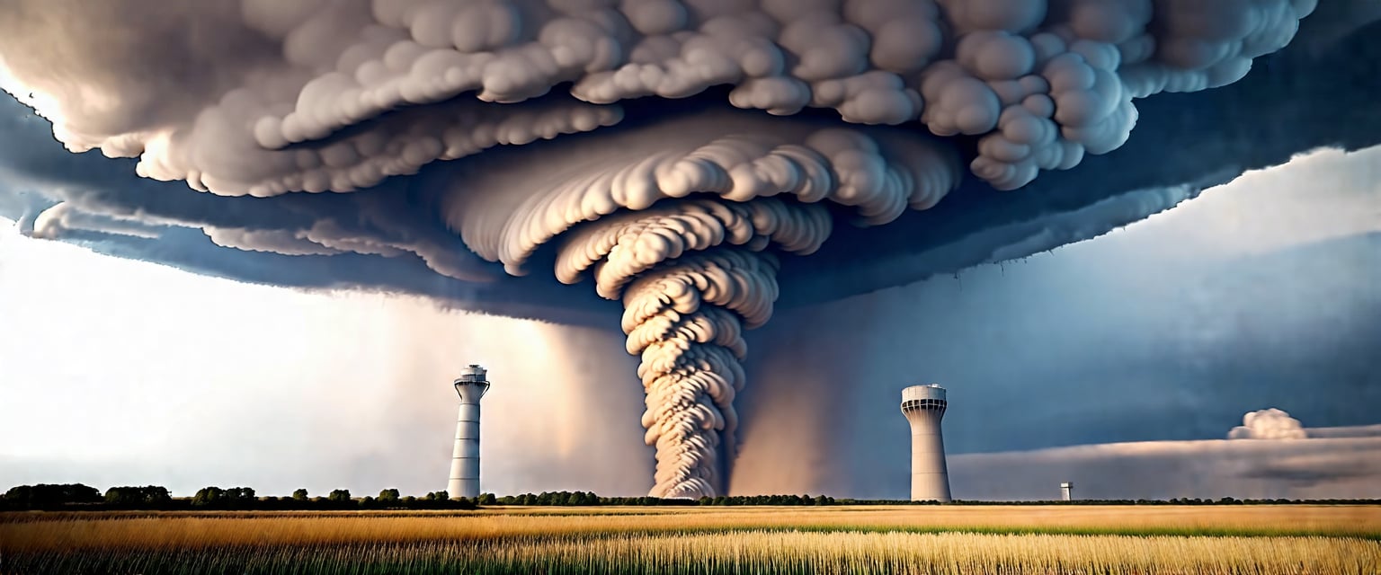 Prompt: Supercell tornado storms, dirty cloud caused by rising dust, midlevel funnels, descending tornado, Andover tornado towers in the background, atmospheric, high-detailed, realistic 3D rendering, stormy, dramatic lighting, intense weather, towering clouds, ominous atmosphere, lightening striking from clouds to ground and from clouds to clouds. 