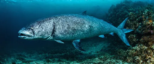 Prompt: The giant halibut is one of the largest flatfish in the world, reaching lengths of up to 4.5 meters and weighing more than 300 kilos. It lives in cold waters of the North Atlantic and North Pacific at great depths, usually near the seabed. This fish is a master of camouflage, using its asymmetrical body and ability to change the color of its skin to blend in with its surroundings. Both of its eyes are on the right side of its head, which allows it to rest on the ocean floor while watching for prey.