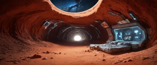 Prompt: A futuristic Mars underground habitat. lluminated tunnels carved into the Martian red rock, high-tech labs and cozy living quarters. The ceiling, a dome of glass, offers glimpses of the star-studded Milky Way above the desolate, dusty Martian landscape. A blend of technology and humanity, thriving in the vast, mysterious unknown.