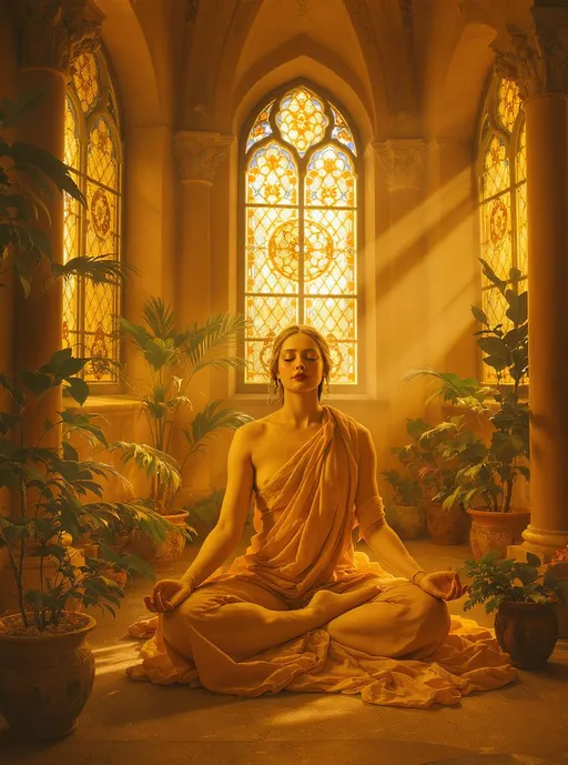 Prompt: Envision a serene indoor space, bathed in golden hues reminiscent of a Renaissance masterpiece. Soft, warm light filters through ornate stained glass windows, casting intricate patterns on the stone floor. In the center, a figure is gracefully seated in a classic yoga pose, their expression embodying tranquility and deep focus. They are draped in flowing, earth-toned fabrics that ripple gently as they breathe, harmonizing with the warm color scheme of the surroundings. Lush potted plants encircle the figure, their rich greens contrasting beautifully against the warm ambers and soft ochres of the room. A faint, ethereal haze lingers in the air, enhancing the meditative atmosphere. Capture this scene in a Renaissance art style, rich in detail and warmth, evoking a sense of peace and introspection.