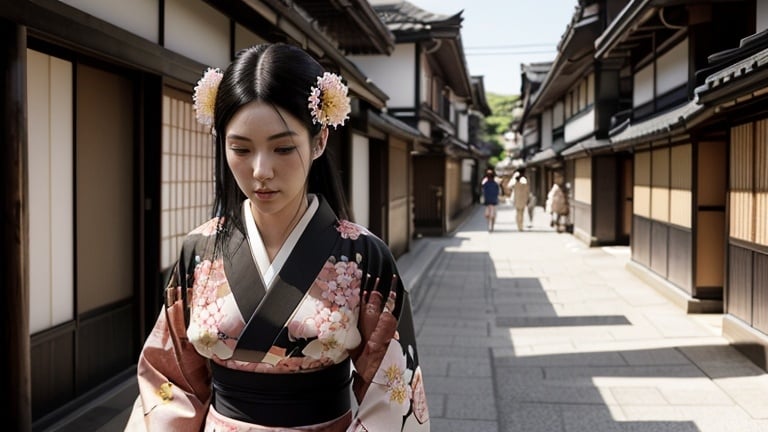 Prompt: Tall young woman walking down the high street, detailed clothing, realistic, natural lighting, photorealistic, Japanese flower design on her kimono. Black hair in traditional Japanese style. 