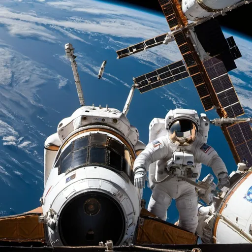 Prompt: The Space Shuttle is docked with the ISS. Personnel are in EVA Space Suits moving cargo onto space sleds to transport the cargo onto the receiving bay area of the ISS. 