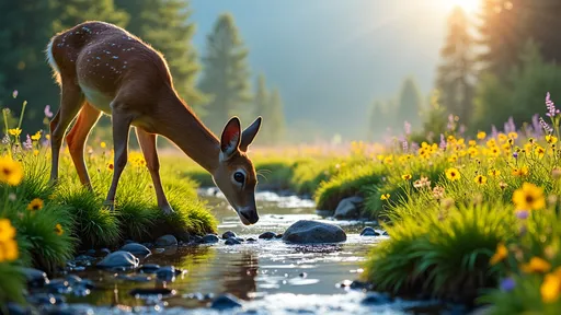 Prompt: A serene spring morning unfolds in a vibrant meadow nestled within the majestic Cascade mountains. The landscape is alive with the fresh green of newly sprouted grass, sprinkled with colorful wildflowers blossoming in hues of yellow, purple, and blue, dotting the expanse like nature's confetti. Sunlight breaks through the gentle mist, casting a warm golden glow across the scene, illuminating the dewdrops clinging to delicate petals. In the foreground, a graceful doe leans down to drink from a crystal-clear brook that meanders playfully toward a tranquil pond, her soft eyes reflecting curiosity and calm. The sound of water bubbling over stones and the distant chirping of birds create a peaceful symphony of a thriving spring morning, captured in stunning photorealism.