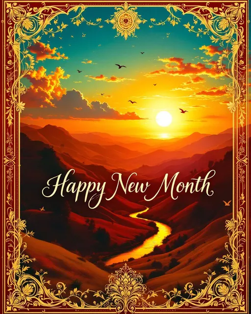 Prompt: Create a beautifully intricate greeting card in Renaissance style, featuring rich, warm colors like deep golds and soft reds. The card should have ornate borders adorned with delicate floral motifs and golden filigree. In the center, the words "Happy New Month" are elegantly hand-lettered, surrounded by a serene landscape of rolling hills beneath a luminous sunset, casting a warm glow. Add gentle wisps of clouds, tinted in hues of pink and orange, to enhance the inviting atmosphere. Include subtle details like birds in flight and a tranquil river reflecting the vibrant colors, creating a sense of peace and renewal associated with the start of a new month.