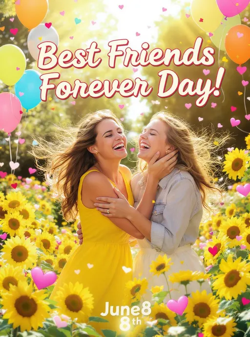 Prompt: A vibrant, eye-catching greet card advertisement capturing the essence of June 8th, Best Friends Forever Day. The scene is bursting with a lively palette of bright colors, featuring lush greenery and sunflowers dancing in a gentle breeze. In the foreground, two best friends are portrayed in a joyful embrace, their laughter contagious, radiating warmth and connection. They’re surrounded by whimsical elements like colorful balloons and heart-shaped confetti swirling in the air, adding an element of festive celebration. The sunlight pours down, casting a golden glow that enhances the wholesome atmosphere. The text "Best Friends Forever Day!" is boldly emphasized with playful typography, perfectly integrated into the scene. This image would resonate beautifully in a modern advertising style, with a crisp, energetic feel, inviting viewers to celebrate friendship.