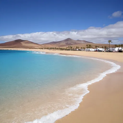 Prompt: Fuerteventura, Spain.
Fuerteventura, second largest island of the Canary Islands. The island has white beaches, stretching for over 150 km, and crystal clear waters. The island has a mild, warm climate all year round. The island is popular with water sports such as windsurfing and diving at Corralejo in the north and Morro Jable in the south.