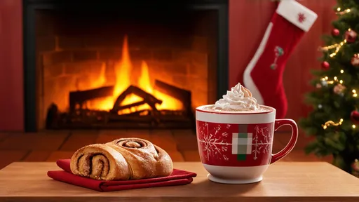 Prompt: (cozy nook), wooden table, steaming mug of hot cocoa (topped with fluffy whipped cream), freshly baked cinnamon roll (rich and inviting), crackling fireplace (warm ambiance), Christmas stockings hanging from the mantle (holiday spirit), warm lighting, soft textures, festive decorations, ultra-detailed, HD, inviting atmosphere, tranquil Christmas setting.