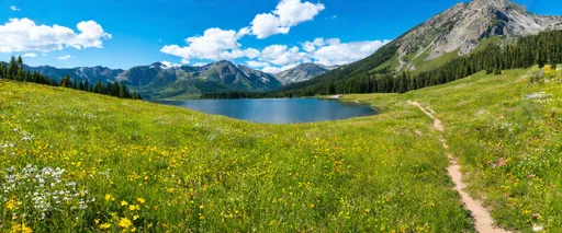 Prompt: A serene mountain meadow bursting with wildflowers, a hiking trail winding through it, leading to a tranquil lake reflecting the clear blue sky scattered with fluffy clouds, vibrant and rich colors, lush green tones in the meadow, colorful wildflowers dotting the landscape, crystal-clear reflective lake, bright and airy lighting, peaceful and tranquil atmosphere, scenic background with majestic mountains, ultra-detailed, 4K, high quality, photorealistic, award-winning nature photography.