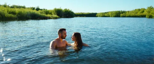 Prompt: (serene scene) a man and woman skinnydipping in a tranquil lake, vibrant blue sky overhead, gentle ripples on still water, sun reflecting off the surface, peaceful ambiance, warm sunlight illuminating the surroundings, lush greenery framing the lake, carefree expressions, connecting with nature, high-quality (4K) resolution, inviting, relaxing atmosphere.