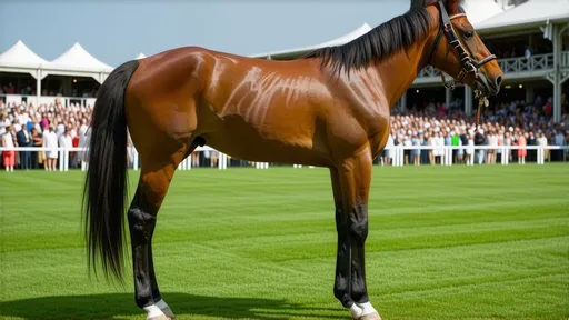 Prompt: (thoroughbred stallion), standing proud at (Royal Ascot racecourse), (16 hands high), (glossy chestnut coat) glistening in the (bright sunlight), showcasing muscular build and powerful stance, (background: elegant spectators and grandstands under a clear blue sky), atmosphere filled with (excitement), (highly detailed, 4K).