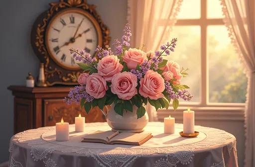 Prompt: A romantic scene celebrating 50 years of marriage, featuring an elegant vintage setting with warm, golden lighting that creates a nostalgic glow. A beautifully arranged bouquet of roses and lilacs rests on a softly lit table adorned with lace. In the background, a classic clock shows the passage of time, while delicate candles flicker, casting gentle shadows. The scene exudes intimacy and timeless love, captured in a dreamy watercolor illustration style that emphasizes warmth, sentimentality, and the beauty of enduring commitment.