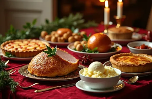 Prompt: (A festive Christmas dinner), beautifully arranged table setting, (luxurious) tablecloth, (rich red and green tones), (gold accents), delicious display of baked ham, golden roast turkey, creamy mashed potatoes, (variety of side dishes), decadent apple pie with a scoop of ice cream, warm ambiance, soft candlelight, (4K ultra-detailed) festive atmosphere, sprigs of holly decorating the table, inviting and joyful celebration.