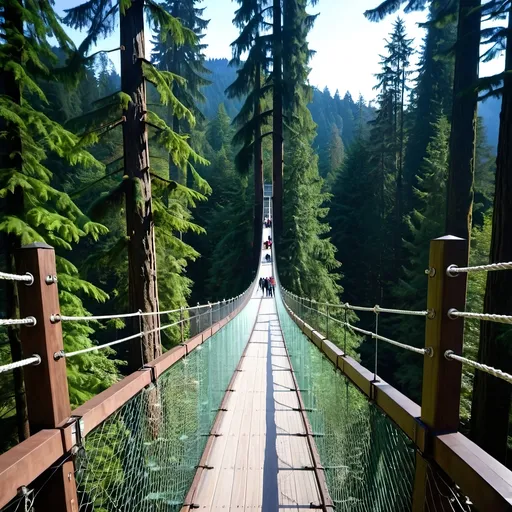 Prompt: Capilano Suspension Bridge Park, British Columbia, Canada.

Vancouver's Capilano Suspension Bridge Park is a thrilling destination for nature and adrenaline lovers. The main attraction is the suspension bridge, stretching 137 meters above the Capilano River at an altitude of 70 meters. Here you can also walk along forest paths at height among ancient trees and visit the glass Cliffwalk. During the winter season, the park is decorated with millions of lights, creating a magical atmosphere. Dress warmly as it can get chilly here even in summer.