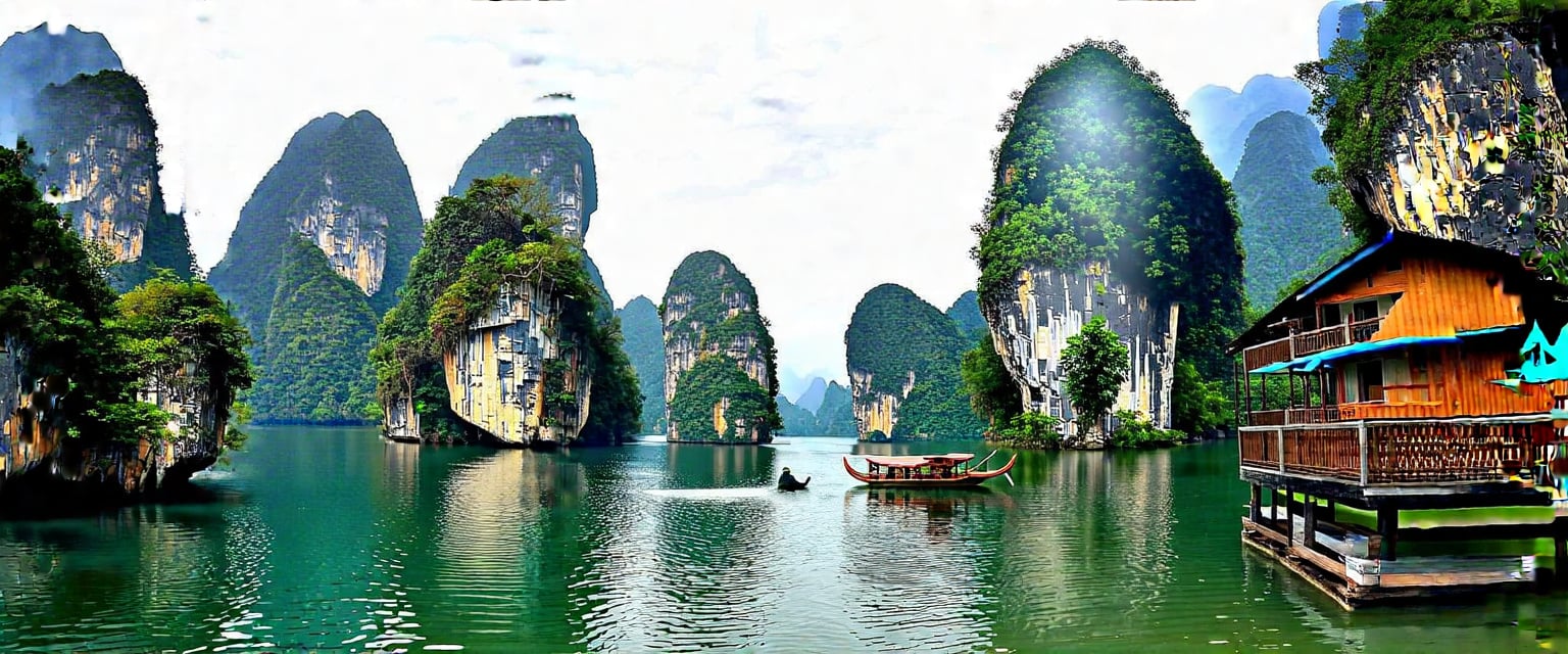 Prompt: Khao Sok National Park, Surat Thani, Thailand.
One of the most beautiful and largest national parks in southern Thailand, unique landscape with the picturesque Cheow Lan Lake surrounded by limestone cliffs, rainforests, wildlife and swimming in waterfalls, floating bungalows on the lake, this is the rainiest place in Thailand.