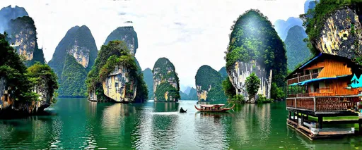 Prompt: Khao Sok National Park, Surat Thani, Thailand.
One of the most beautiful and largest national parks in southern Thailand, unique landscape with the picturesque Cheow Lan Lake surrounded by limestone cliffs, rainforests, wildlife and swimming in waterfalls, floating bungalows on the lake, this is the rainiest place in Thailand.