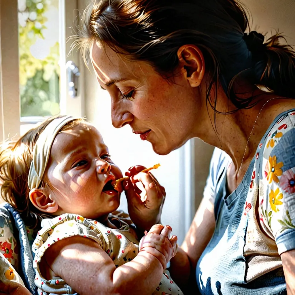 Prompt: Mother feeding her child, photorealistic, tender moment, natural lighting, soft shadows, lifelike skin texture, realistic details, emotional connection, high quality, photorealism, gentle expression, mother's love, serene atmosphere