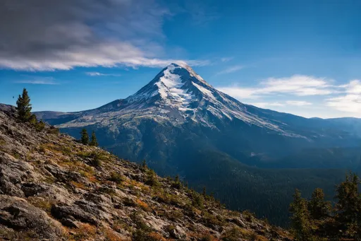 Prompt: Summit of Mount Rainier, breathtaking view looking south, Mount Hood majestically visible on the horizon, dramatic cloud formations above, vibrant blue sky, sun casting a warm golden glow, foreground with rugged rocks and lush alpine vegetation, serene atmosphere, high resolution, ultra-detailed, cinematic depth, natural beauty, expansive vista capturing the grandeur of the Northwest wilderness.