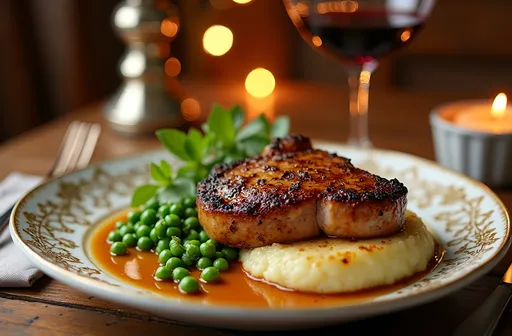Prompt: A tantalizing ads-food photography scene featuring a perfectly center-cut pork chop, glistening with juicy richness, surrounded by creamy, hand-mashed potatoes with a buttery sheen, and a vibrant side of fresh green peas. The table is elegantly set with fine china, delicate patterns, and a crystal glass of deep red wine that captures warm, inviting light. Soft, warm lighting bathes the entire setting, emphasizing the rich browns, creamy whites, and lush greens, creating a cozy, luxurious atmosphere perfect for appetite-evoking imagery. A subtle bokeh background enhances focus on the dish, evoking feelings of comfort and indulgence in a sophisticated dining experience. Photorealistic, warm-toned, with a slight glossy finish for an irresistible appeal.