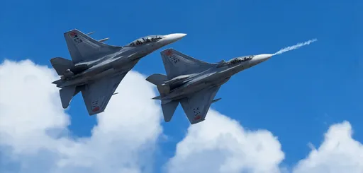 Prompt: (ultra-detailed) US Air Force F-16 Thunderbird airplanes, soaring in precision formation against a brilliant clear blue sky, showcasing dynamic angles and vibrant colors, symbolizing power and agility, clouds softly crafted in the background, highlighting the drama and excellence of flight, high-quality 4K rendering, capturing the essence of aviation performance.