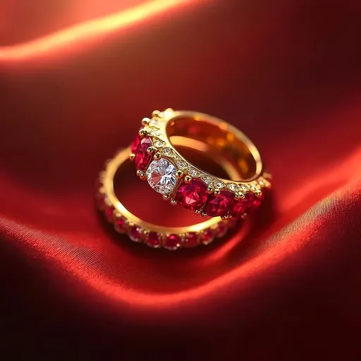 Prompt: Create a captivating advertising image of a traditional gold wedding ring, gleaming with a radiant polish that reflects light harmoniously. The ring, set with a brilliant diamond at its center, showcases the finest detail of craftsmanship. Surrounding the diamond, rich red rubies glimmer like embers, bringing warmth and vibrancy to the overall composition. Picture this exquisite piece against a dramatic backdrop, where soft ethereal lighting bathes the ring, highlighting its luxurious curves and intricate details. Add hints of lush silk fabric in the background to enhance the feel of elegance. Use a vibrant color scheme that brings out the opulence of the gold and the fiery brilliance of the gemstones, creating a stunning, eye-catching advertisement-style artwork.
