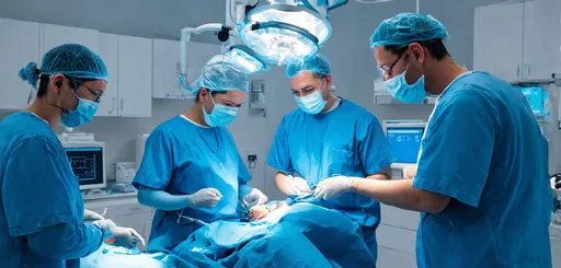 Prompt: (hi-tech cardiac bypass surgery), modern operating room, advanced medical equipment, professional surgeons in scrubs, sterile environment, focused expressions, surgical lights casting a cool bluish glow, detailed surgical instruments in use, monitors displaying patient vitals, soothing yet intense atmosphere, 4K ultra-detailed, medical excellence, precision-focused setting, clinical ambiance, bright white cabinetry.