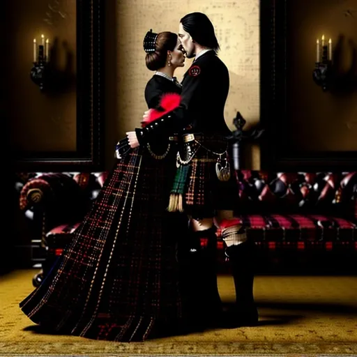 Prompt: Photorealistic illustration of a man in a formal Scottish kilt bowing to his lady, both wearing formal Scottish attire, intricate baroque style, detailed fabric textures, realistic facial features, elegant posing, rich color palette, dramatic lighting, high-res, detailed clothing, formal gesture, realistic, baroque, Scottish kilt, formal attire, intricate textures, dramatic lighting, elegant posing, rich colors