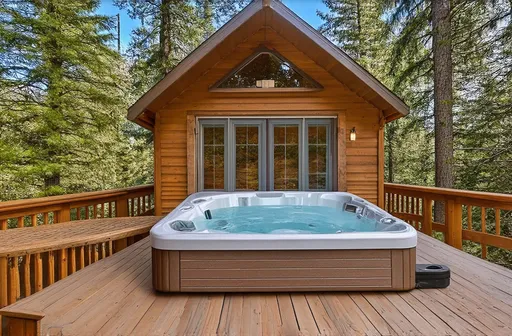 Prompt: (rambler home), single story, nestled in (lush evergreen forest), cozy deck with hot tub, overlooking a serene glen, warm color scheme, inviting atmosphere, tranquil vibes, high-quality details, ultra-detailed, perfect for real estate ads, showcasing natural surroundings, peaceful living, charming escape, harmonious integration with nature.