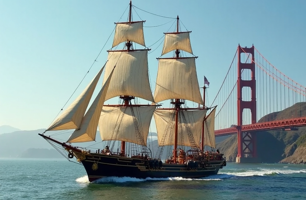 Prompt: A steampunk tall ship sailing in the ocean just outside the Golden Gate Bridge. The ship is powered by steam engines and has a steampunk aesthetic. The ship's design is a mixture of Victorian and modern elements, and the steam engines are reminiscent of the Industrial Revolution. The ship's figurehead is a winged figure, and the ship's sails are a combination of canvas and metal.